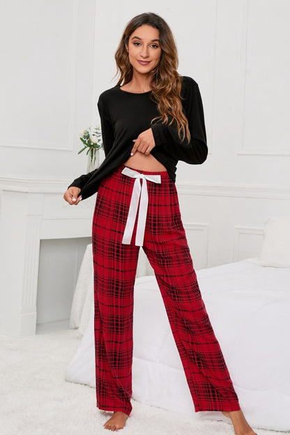 Long Sleeve Top and Bow Plaid Pants Lounge Set