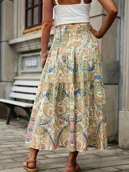 Full Size Tiered Smocked Printed High Waist Skirt - Elegant Aura Boutique