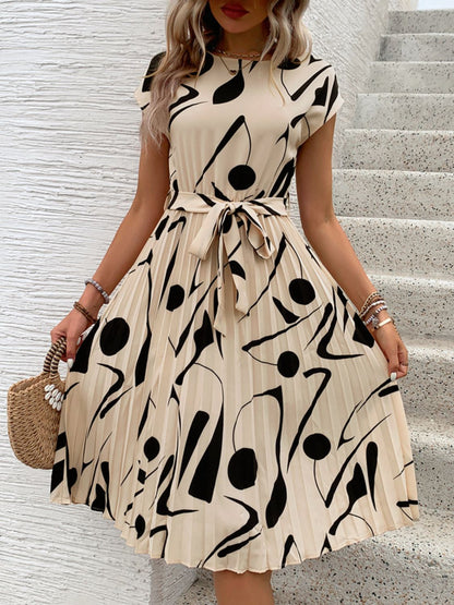 Pleated Printed Cap Sleeve Dress