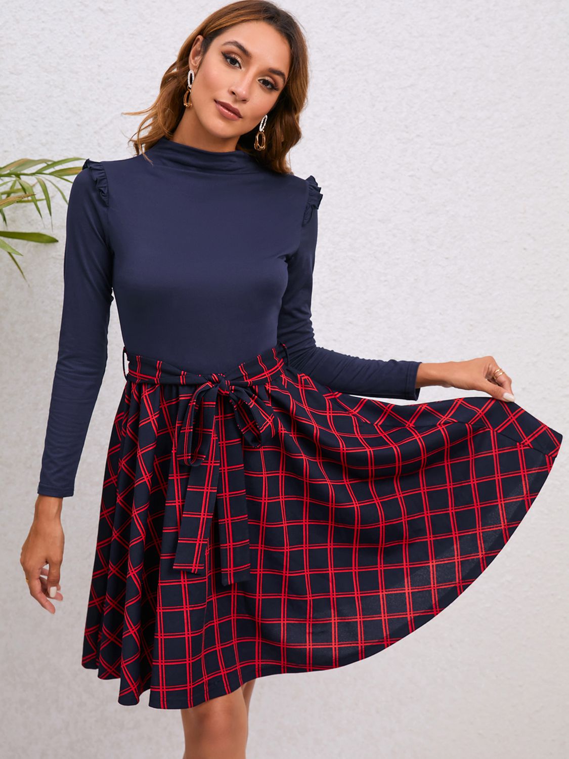 Plaid Tie Waist Ruffle Shoulder Dress