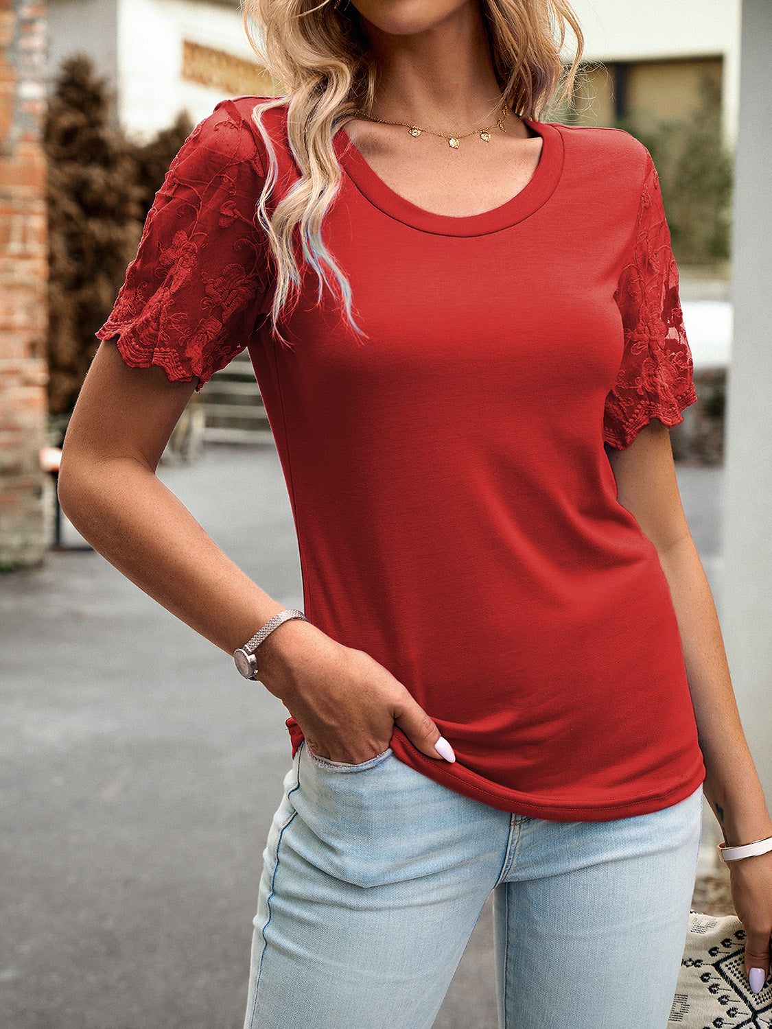 Elegant Lace Round Neck T-Shirt