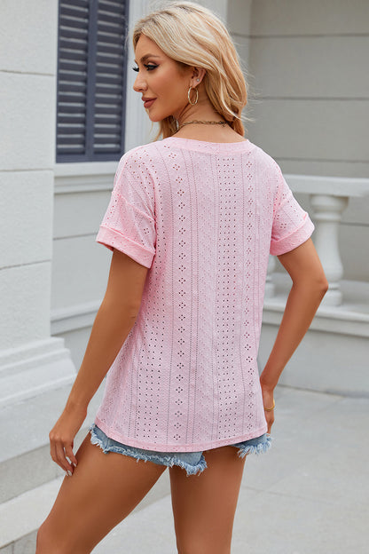 Eyelet V-Neck Short Sleeve Blouse