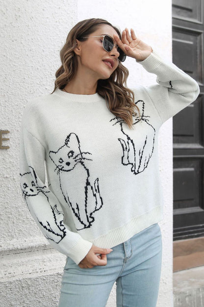 Cat Pattern Round Neck Sweater