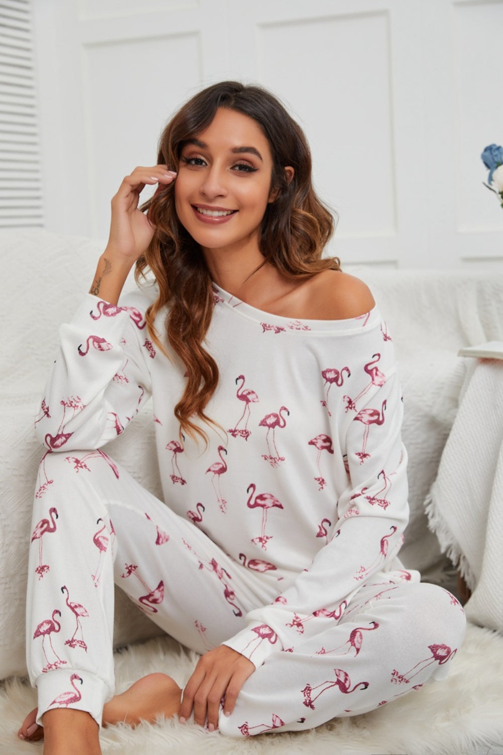 Flamingo Long Sleeve Top and Pants Lounge Set - Elegant Aura Boutique