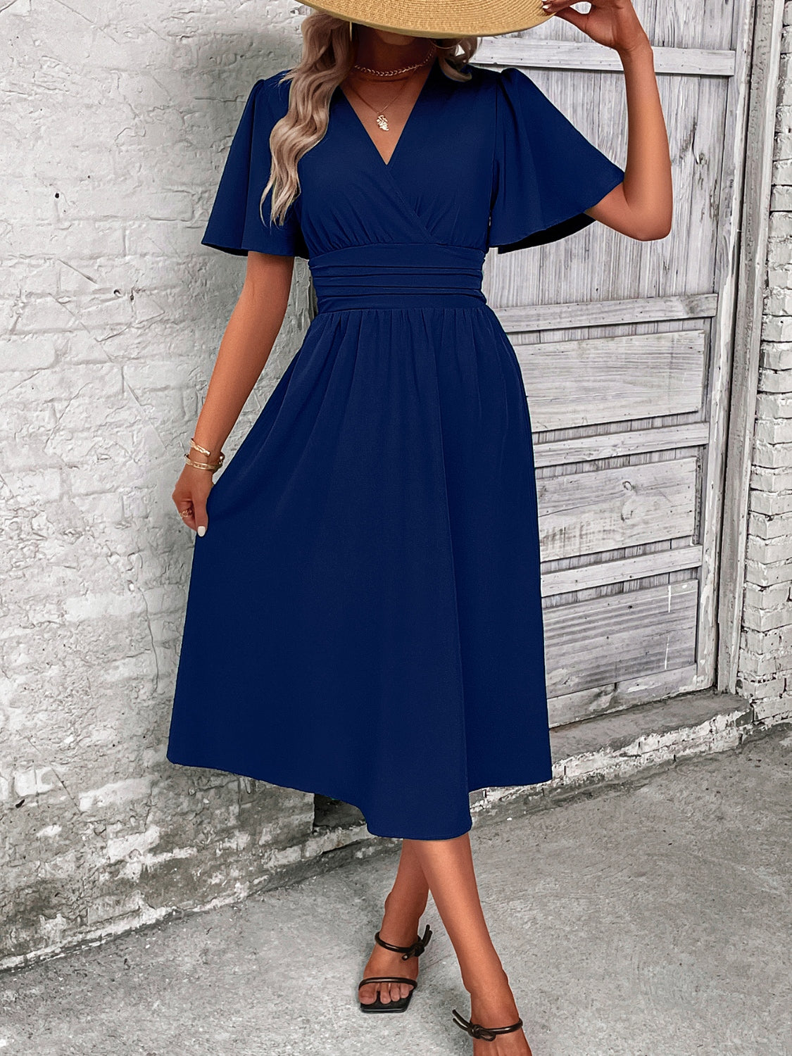 Surplice Flutter Sleeve Midi Dress - Elegant Aura Boutique