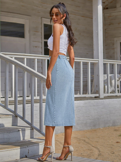 Button Down Denim Skirt - Elegant Aura Boutique