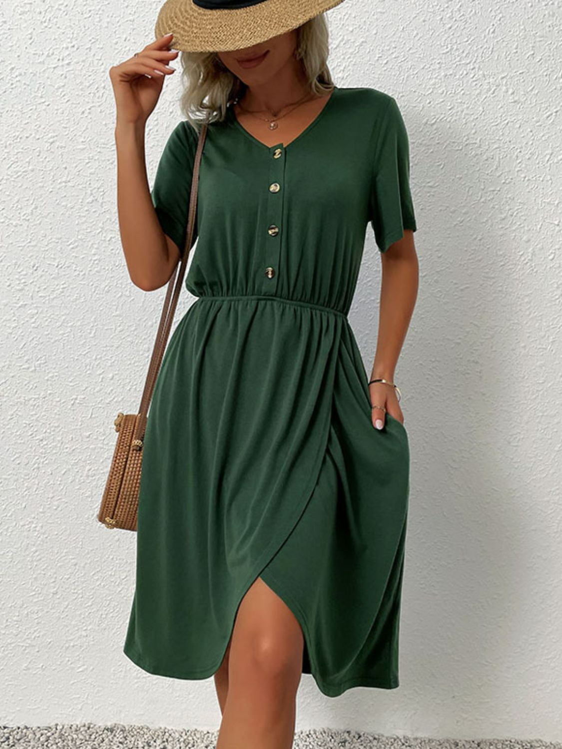 V-Neck Short Sleeve Slit Dress