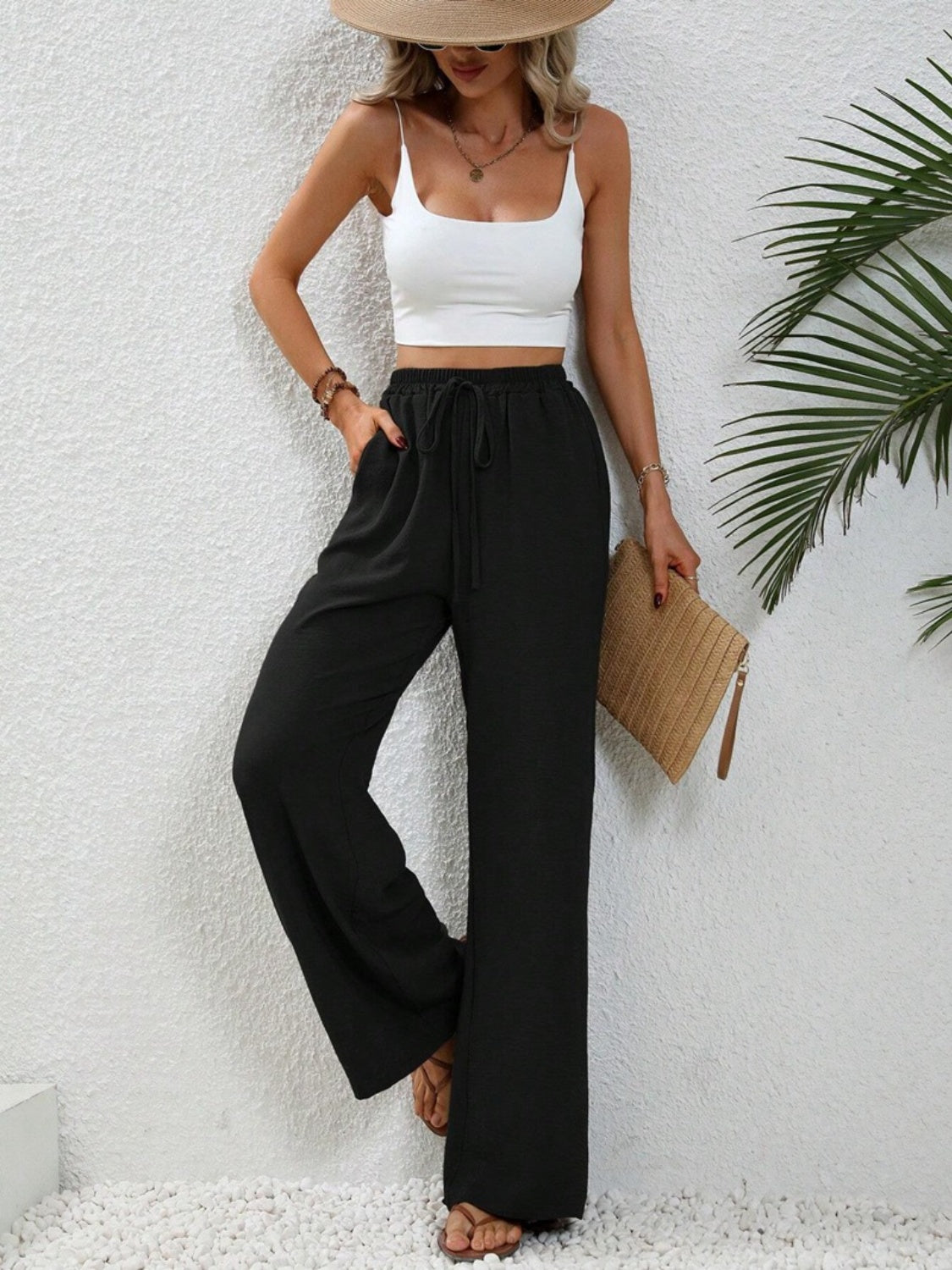 Wide Leg Drawstring Pants - Elegant Aura Boutique