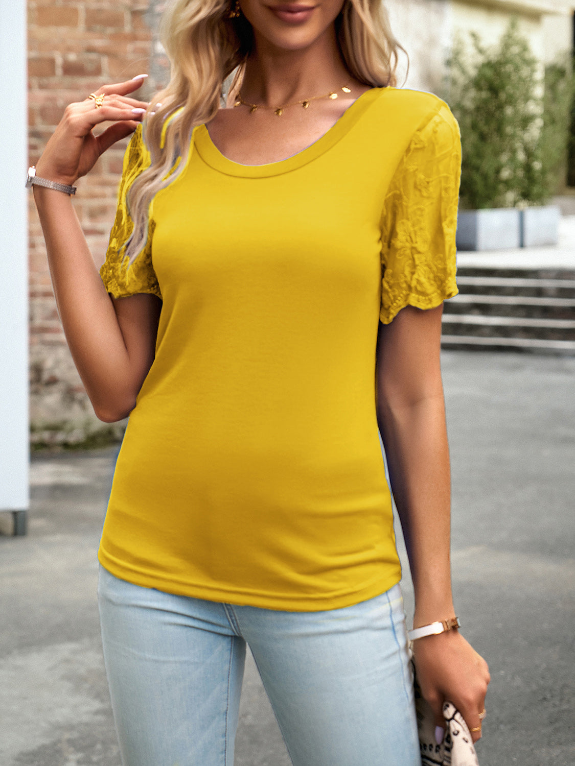 Elegant Lace Round Neck T-Shirt