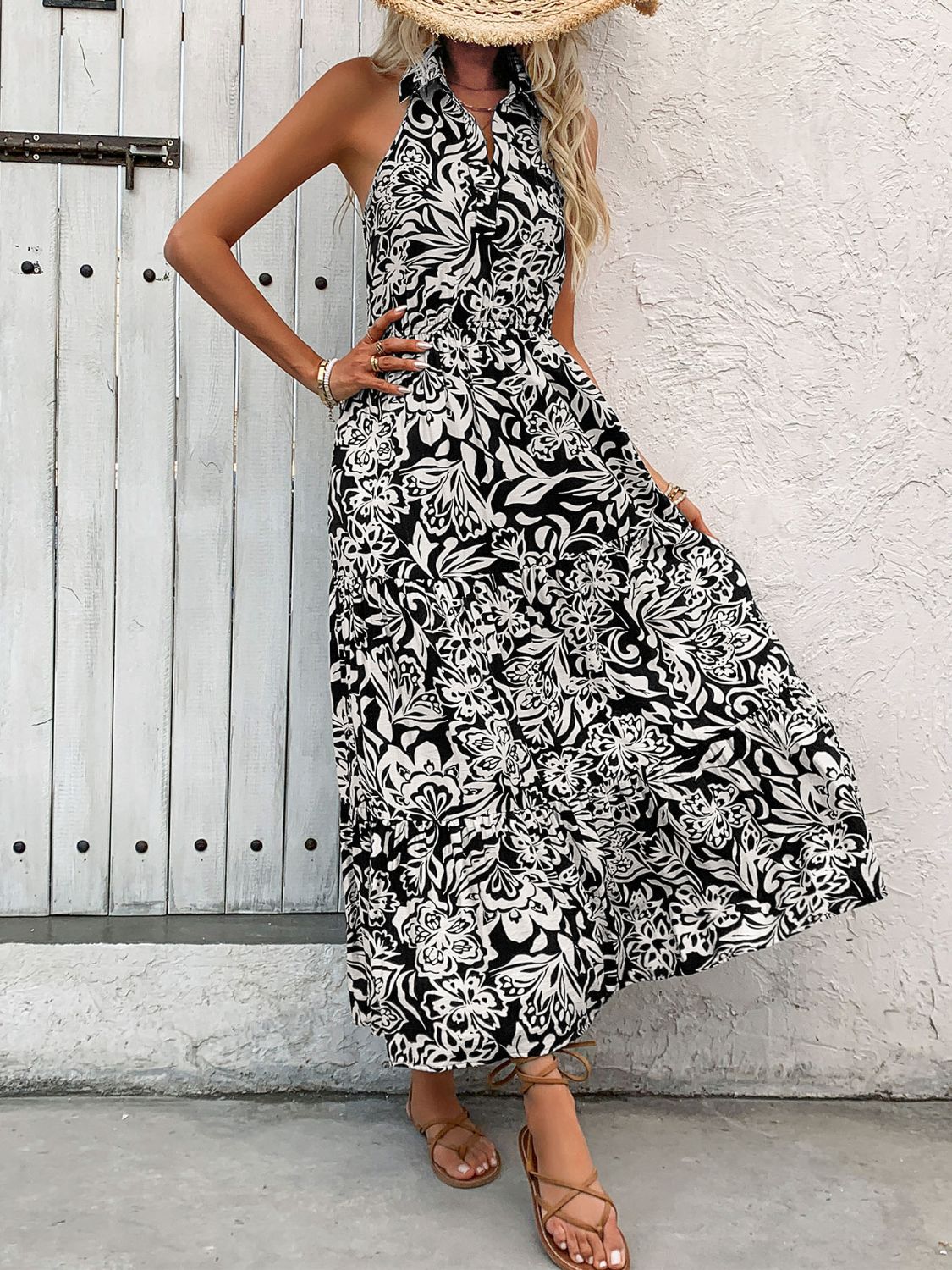 Backless Smocked Printed Midi Dress