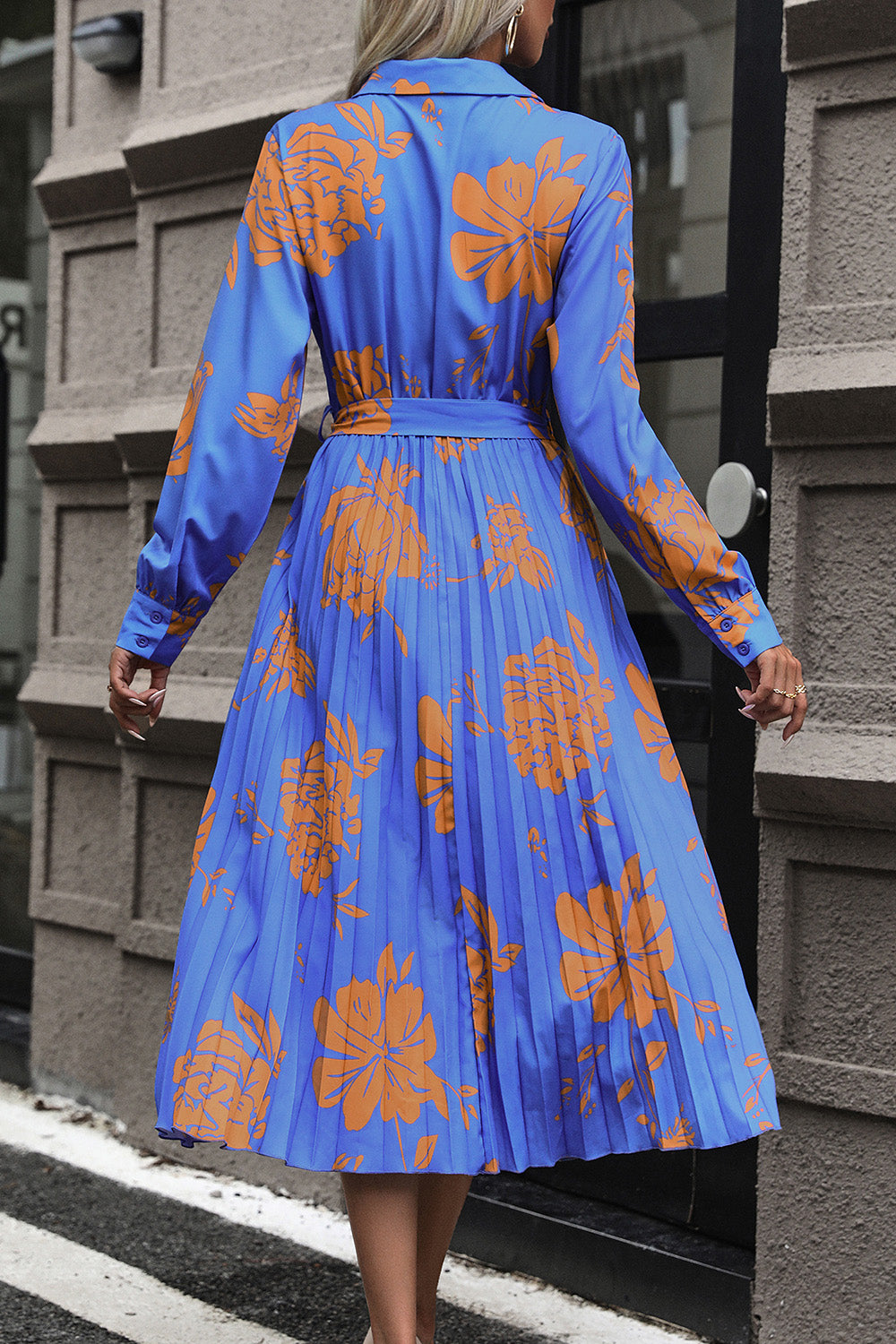 Floral Pleated Long Sleeve Midi Dress