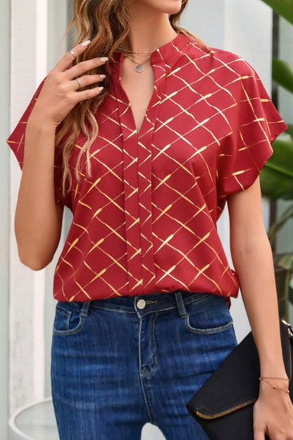 Stylish Print Notched Short Sleeve Blouse