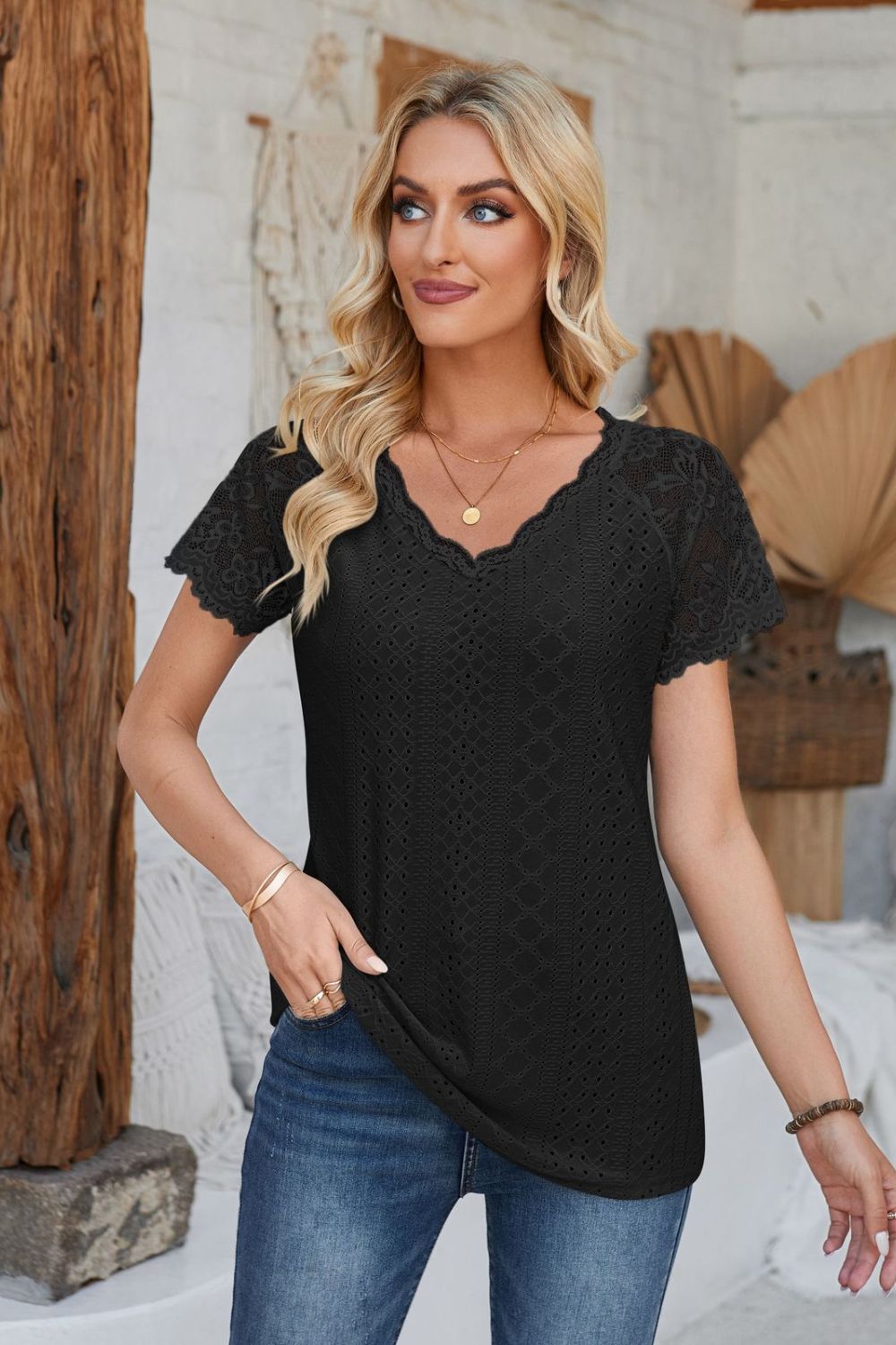 V-Neck Lace Short Sleeve T-Shirt