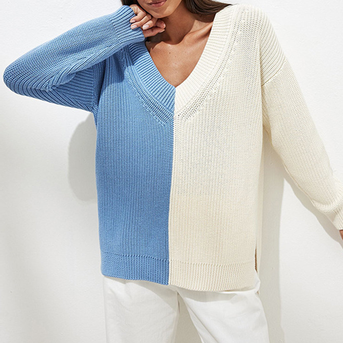 Contrast V-Neck Drop Shoulder Sweater