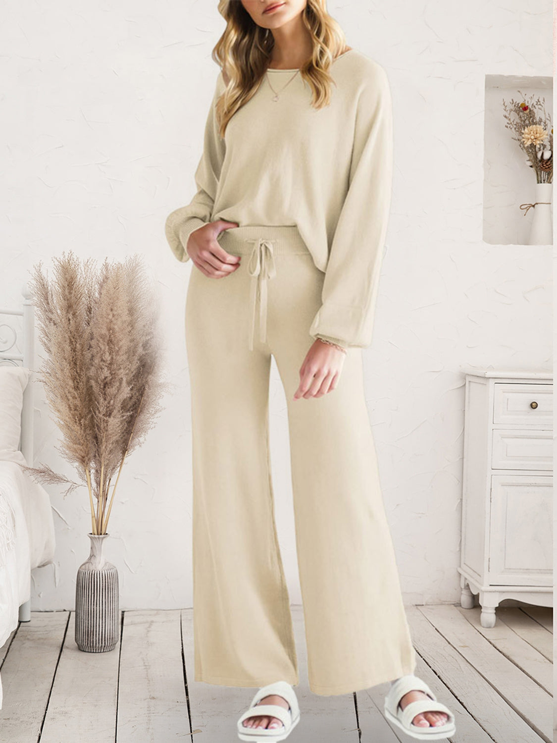 Long Sleeve Lounge Top with Drawstring Pants Set