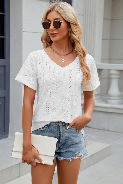 Eyelet V-Neck Short Sleeve Blouse