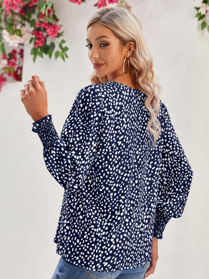 Stylish Printed V-Neck Lantern Sleeve Blouse