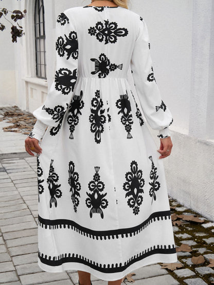 Printed Lantern Sleeve Midi Dress