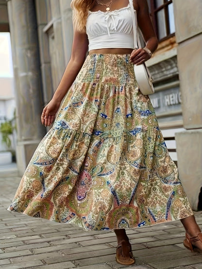 Full Size Tiered Smocked Printed High Waist Skirt - Elegant Aura Boutique