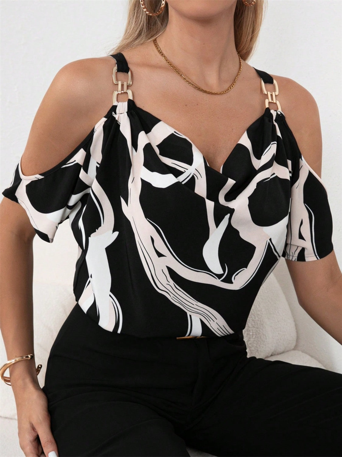 Cutout Printed Cowl Neck Blouse