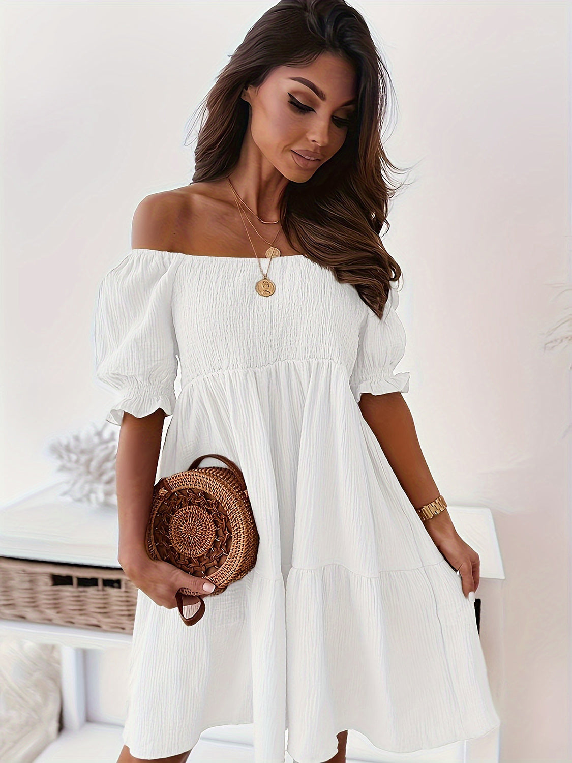 Full Size Ruffled Off-Shoulder Short Sleeve Dress - Elegant Aura Boutique