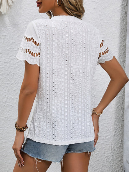 Stylish Eyelet Round Neck Top