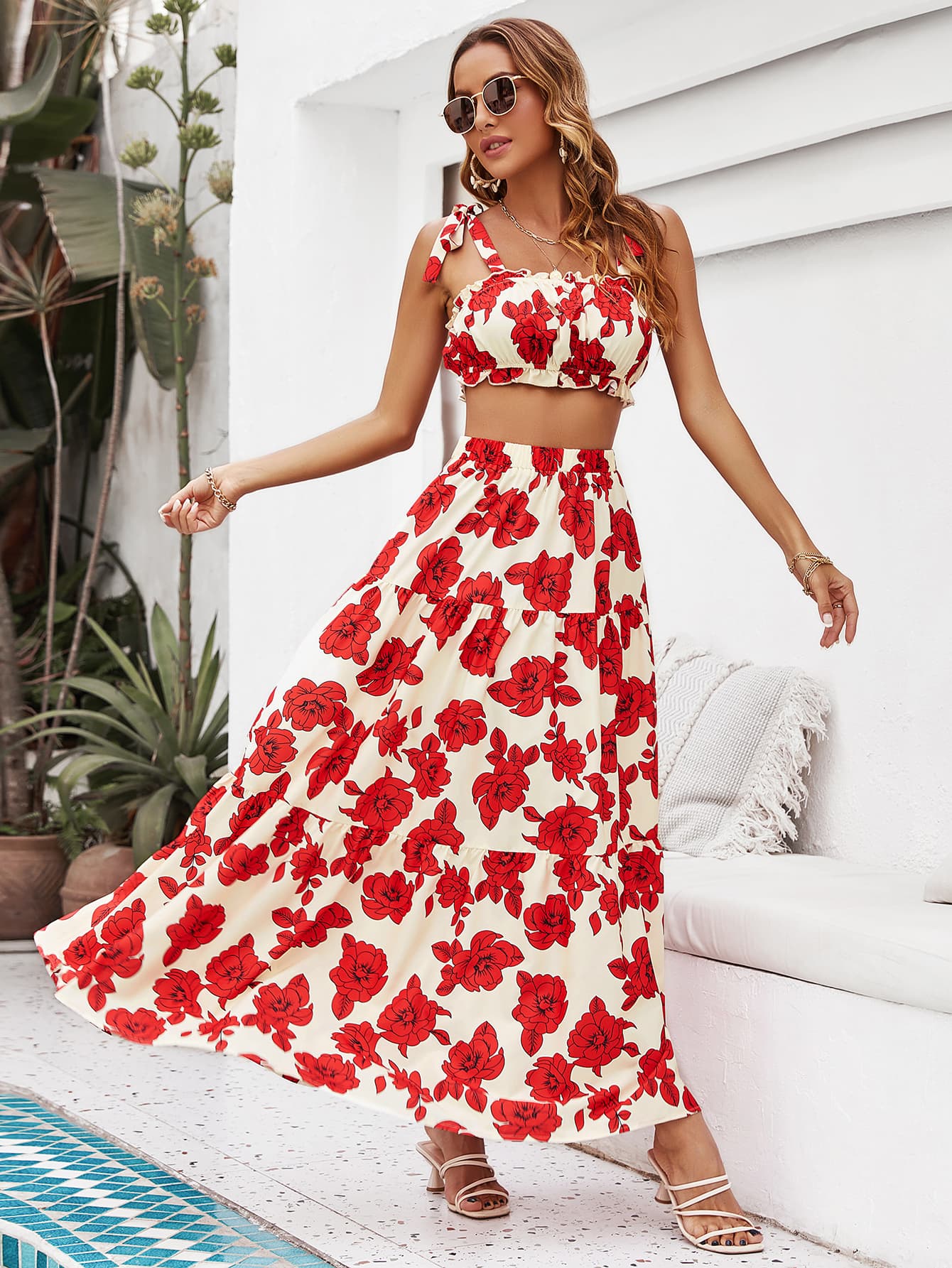 Floral Tie Shoulder Top and Tiered Maxi Skirt Set - Elegant Aura Boutique