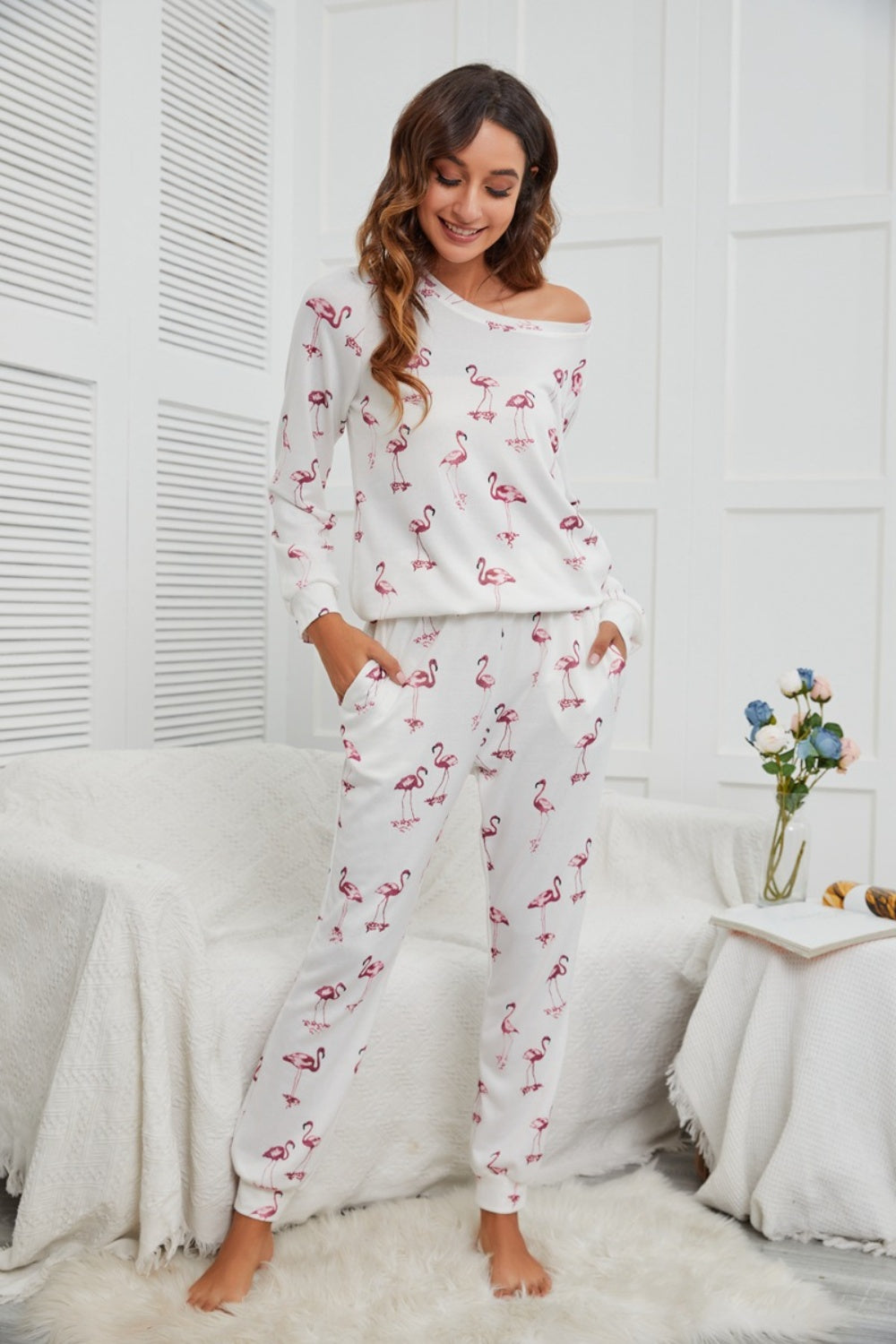 Flamingo Long Sleeve Top and Pants Lounge Set - Elegant Aura Boutique