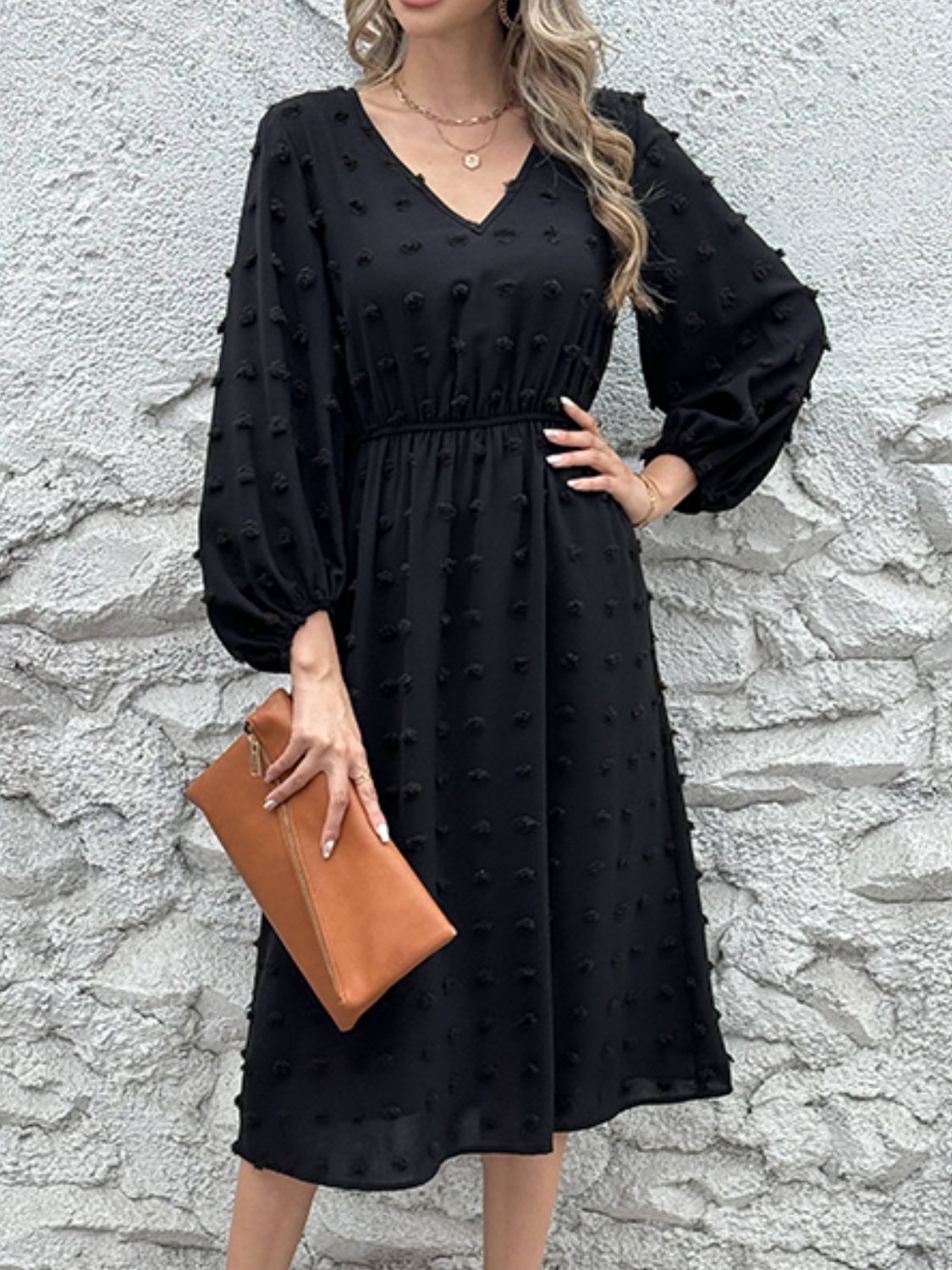 Swiss Dot V-Neck Long Sleeve Midi Dress