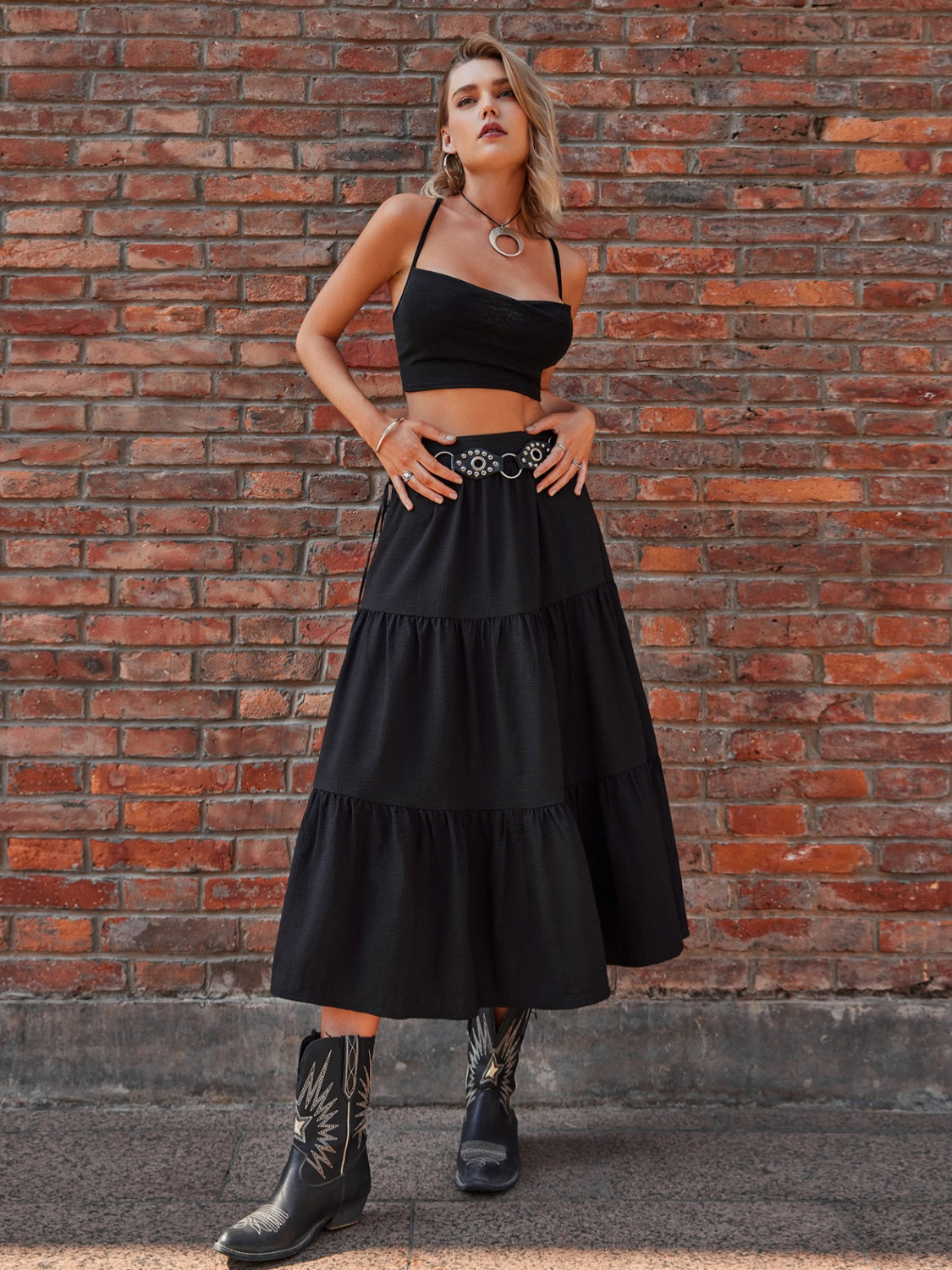 Elastic Waist Tiered Midi Skirt - Elegant Aura Boutique