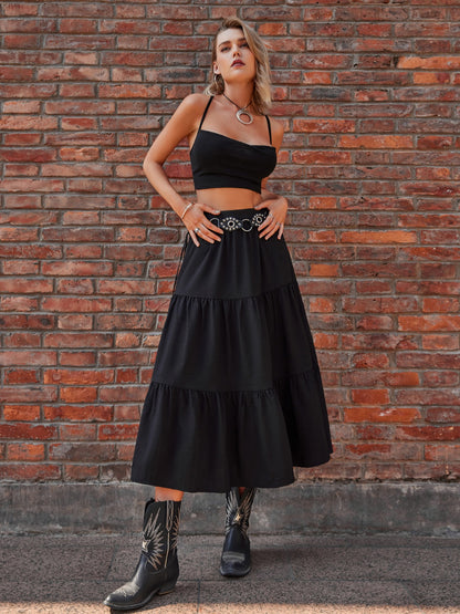 Elastic Waist Tiered Midi Skirt - Elegant Aura Boutique