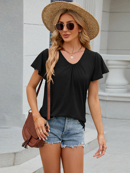 Ruched V-Neck Casual Tee