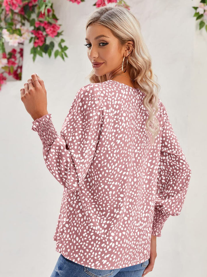 Stylish Printed V-Neck Lantern Sleeve Blouse