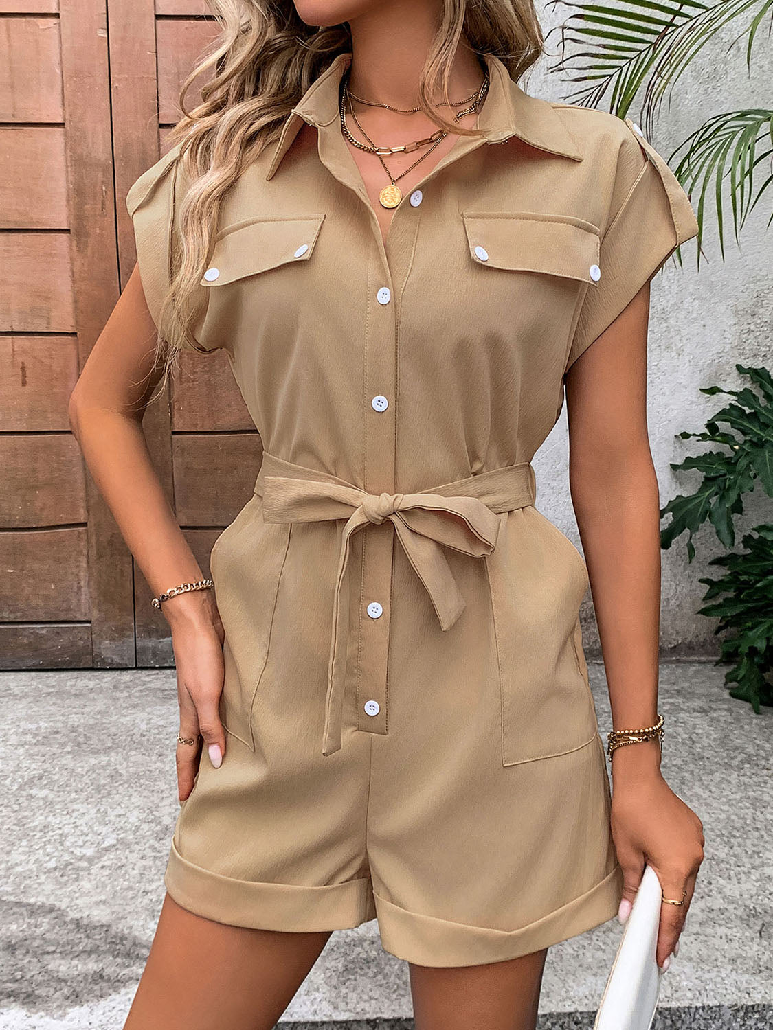 Collared Neck Romper with Pockets