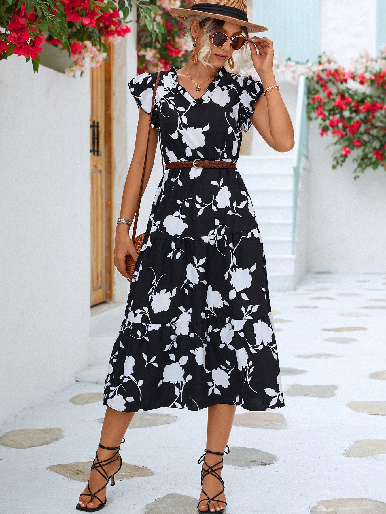 Frill Trim V-Neck Tiered Midi Dress