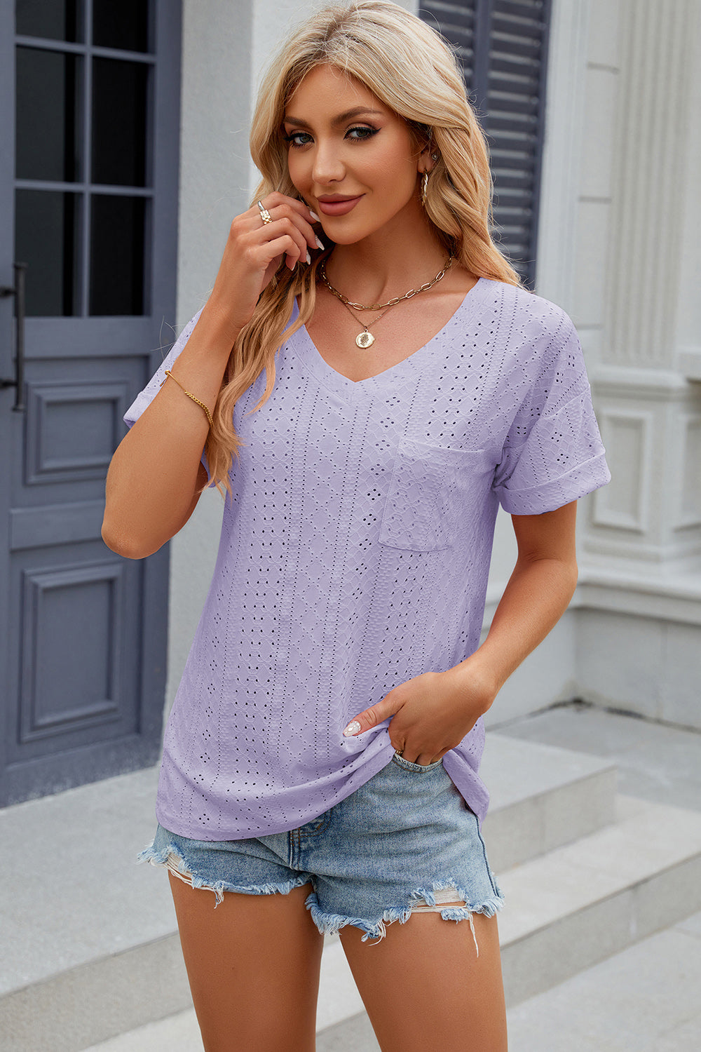 Eyelet V-Neck Short Sleeve Blouse