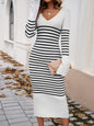 Striped V-Neck Long Sleeve Dress