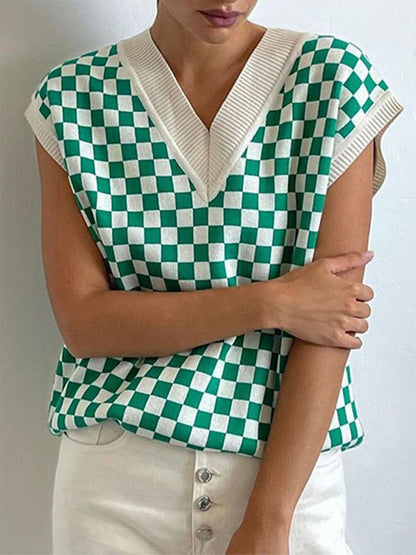 Checkered V-Neck Cap Sleeve Sweater