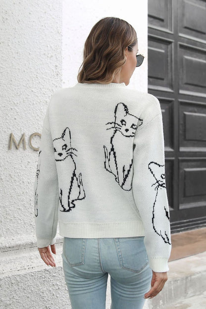 Cat Pattern Round Neck Sweater