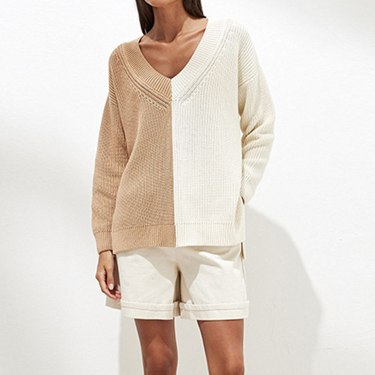 Contrast V-Neck Drop Shoulder Sweater