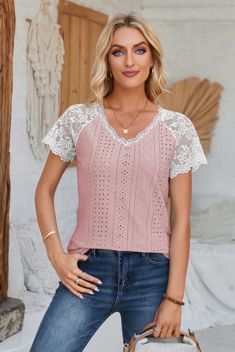 V-Neck Lace Short Sleeve T-Shirt