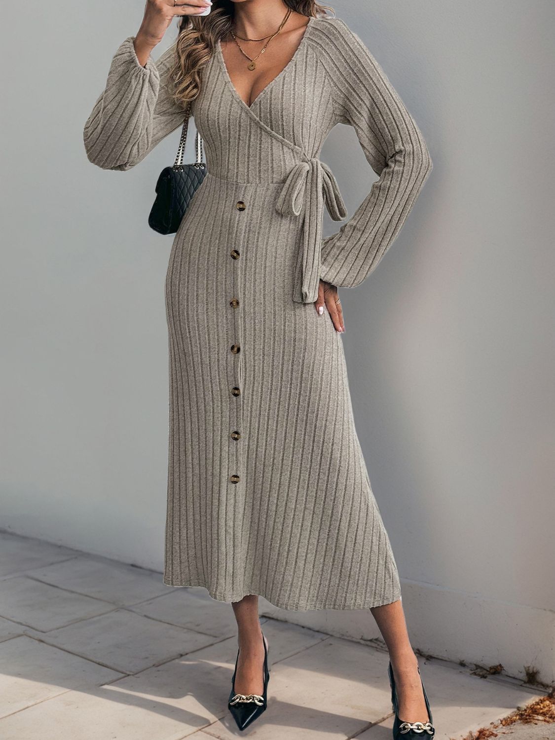 Tied Surplice Long Sleeve Dress