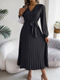 Pleated V-Neck Long Sleeve Dress