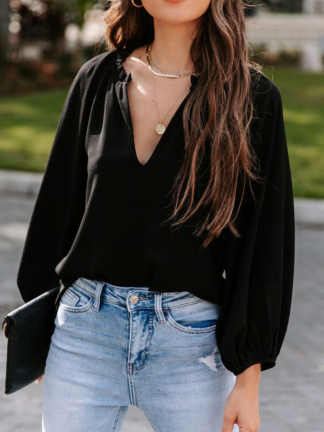 Notched Long Sleeve Blouse