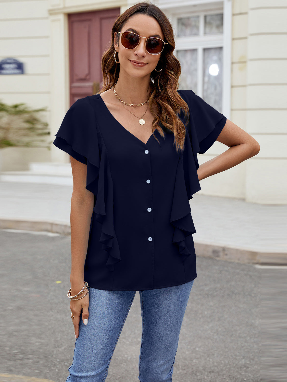 Ruffled Short Sleeve Blouse