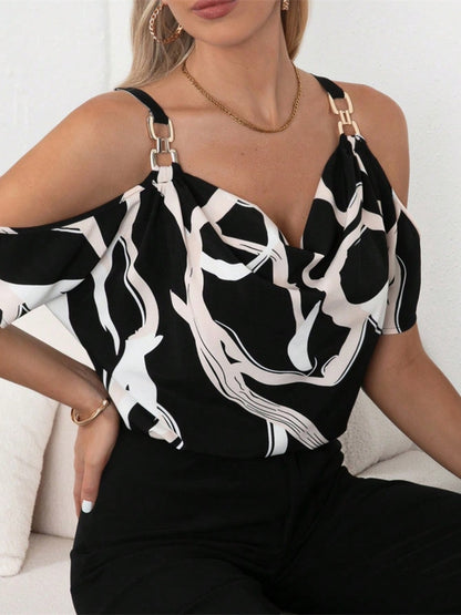 Cutout Printed Cowl Neck Blouse