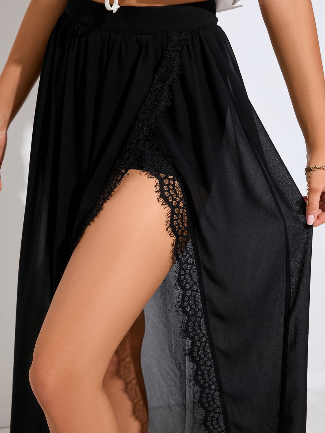 Scalloped Lace Trim Split Skirt - Elegant Aura Boutique