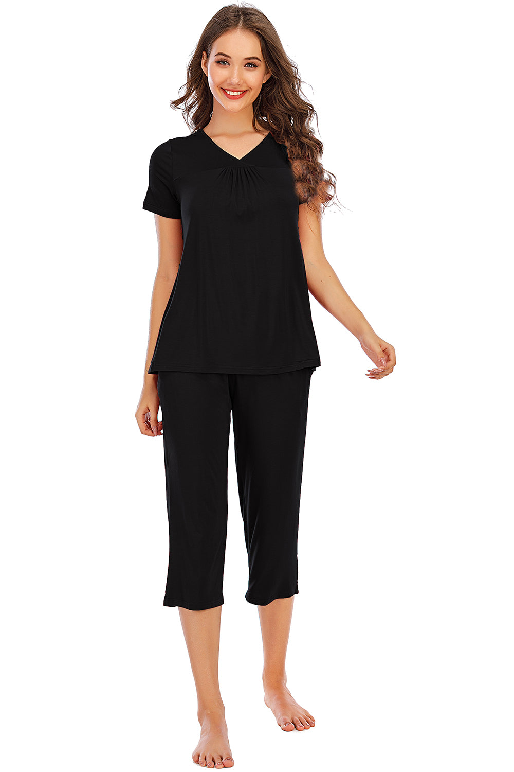 V-Neck Short Sleeve Top and Pants Lounge Set - Elegant Aura Boutique