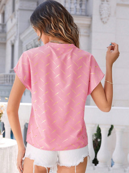 Stylish Print Notched Short Sleeve Blouse