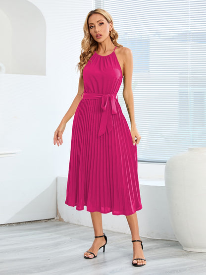 Pleated Tie Waist Midi Dress